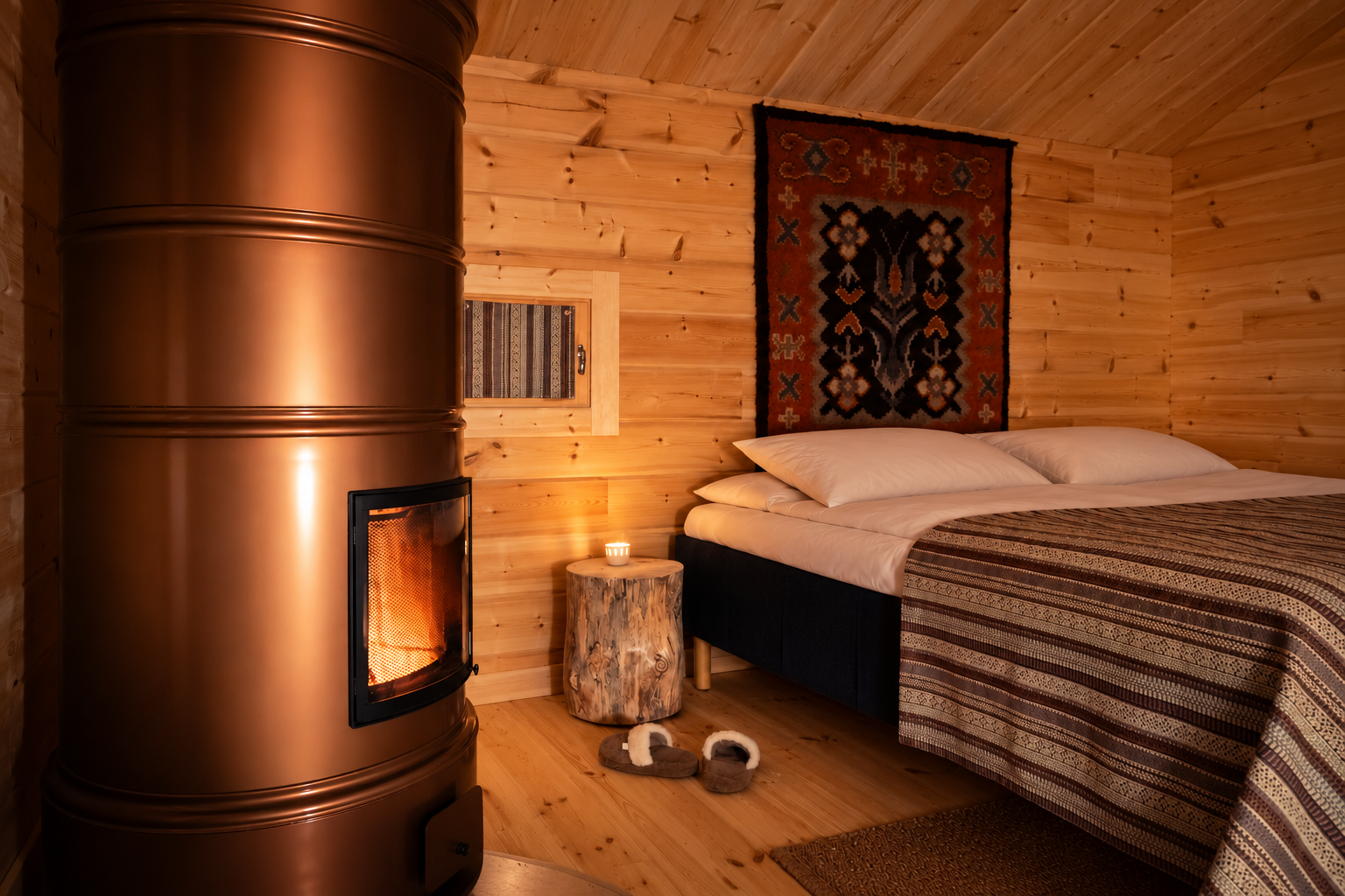 A timber cabin bedroom with a copper wood-burning stove glowing beside a made bed, a candle on a stump bedside table and a woven rug
